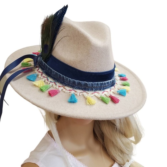 Custom Designed Boho Chic Women's Wide Brimmed Felt Fedora - Picture 5 of 7